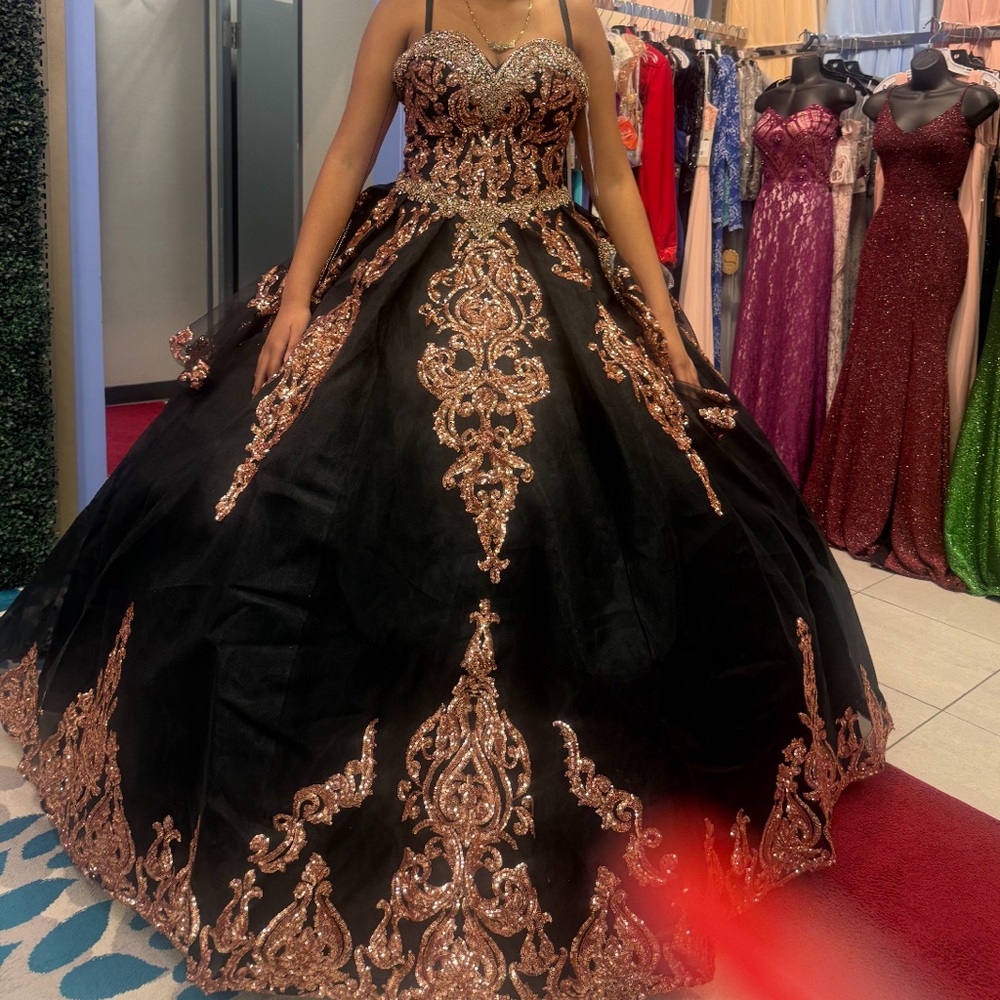Black Ball Gown with Rose Gold Beaded Appliqué